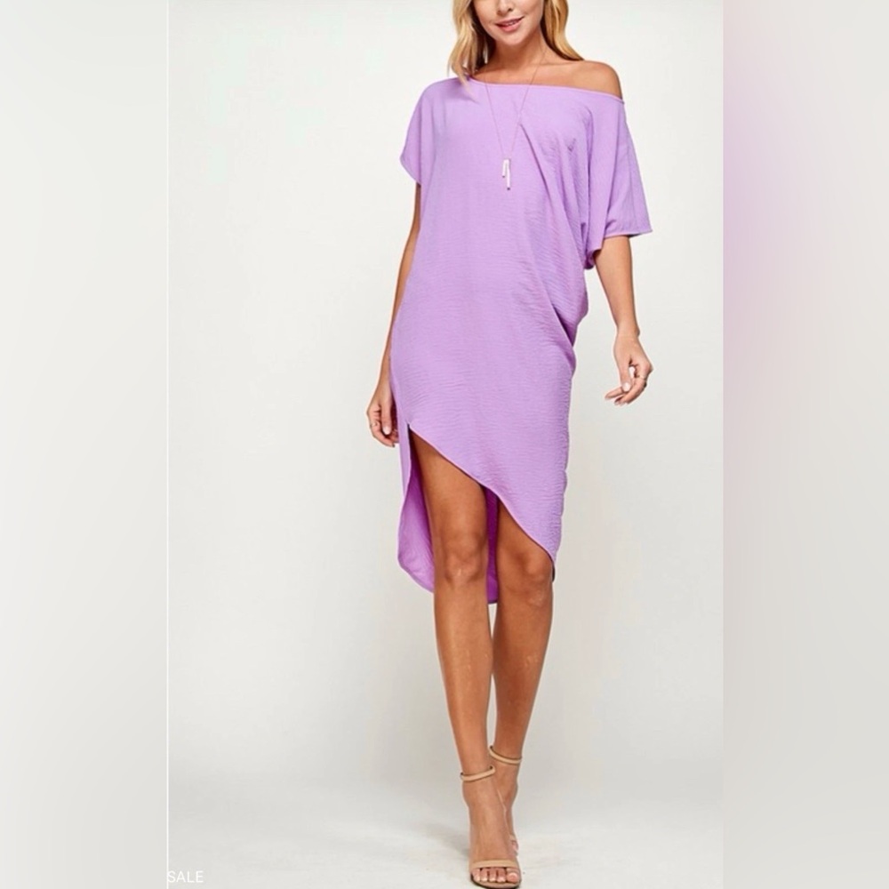 OFF ONE SHOULDER ASYMMETRICAL HEMLINE NO CLOSURE MIDI‎ LENGTH NECKLINE DRESS NEW
